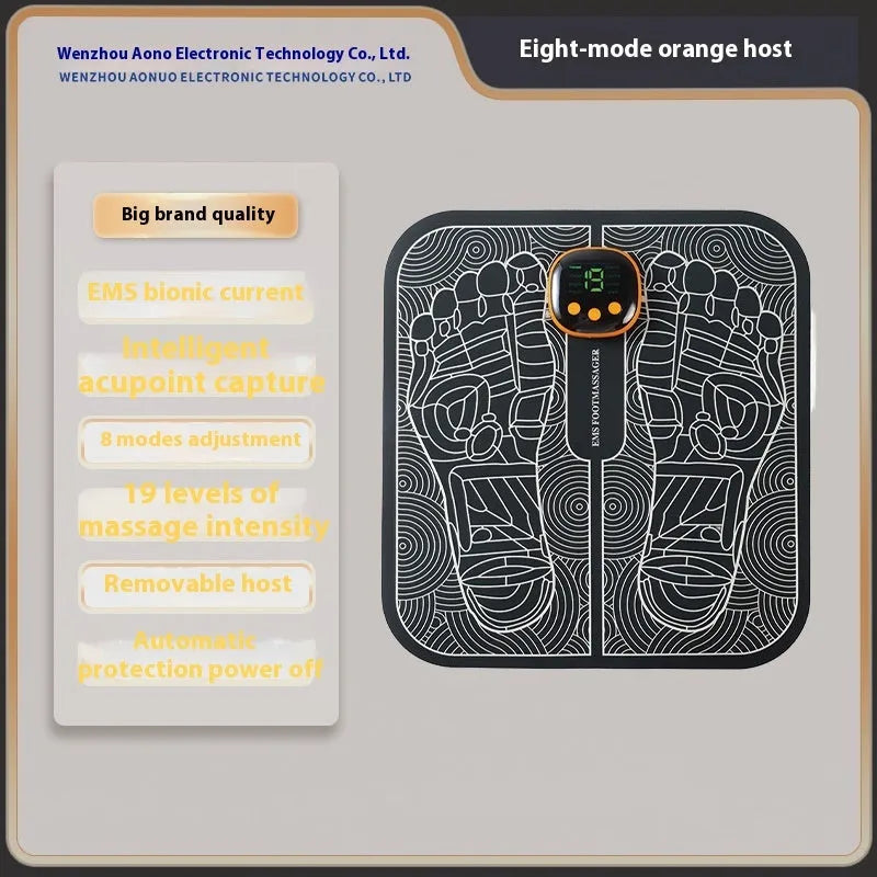 USB rechargeable reflexology foot massager mat with push-button controls and orange or blue foot pad options