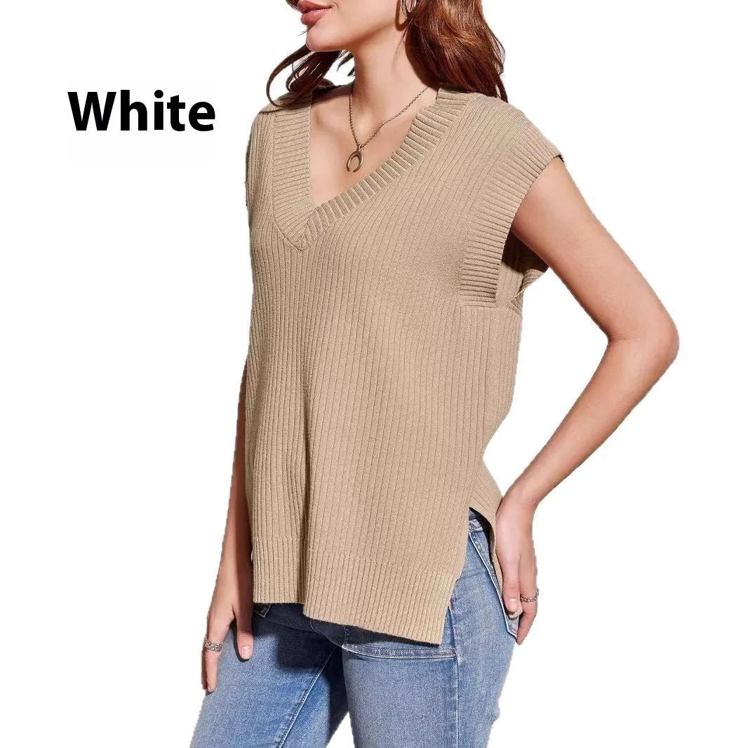 Sleeveless V-neck pullover vest in viscose fibre with striped pattern in camel colour