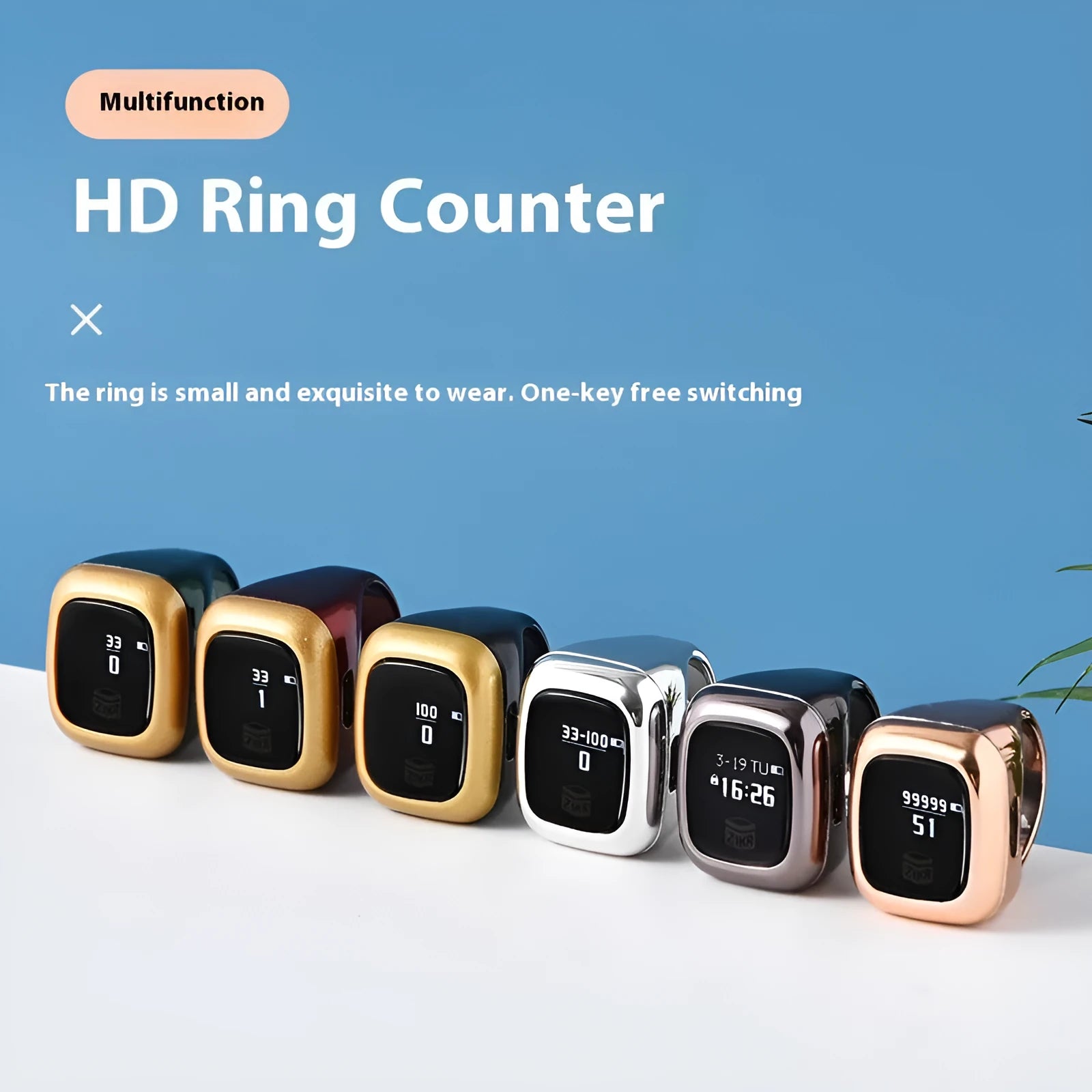 Al-Fatiha Zikr digital wrist counter on strap, showing display screen, available in multiple colours and sizes.