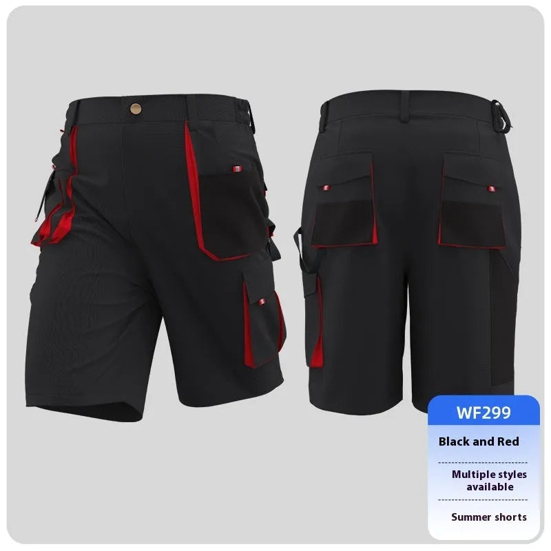Men's summer casual work shorts in black and red, polyester, moisture wicking, quick dry, sizes S to 3XL