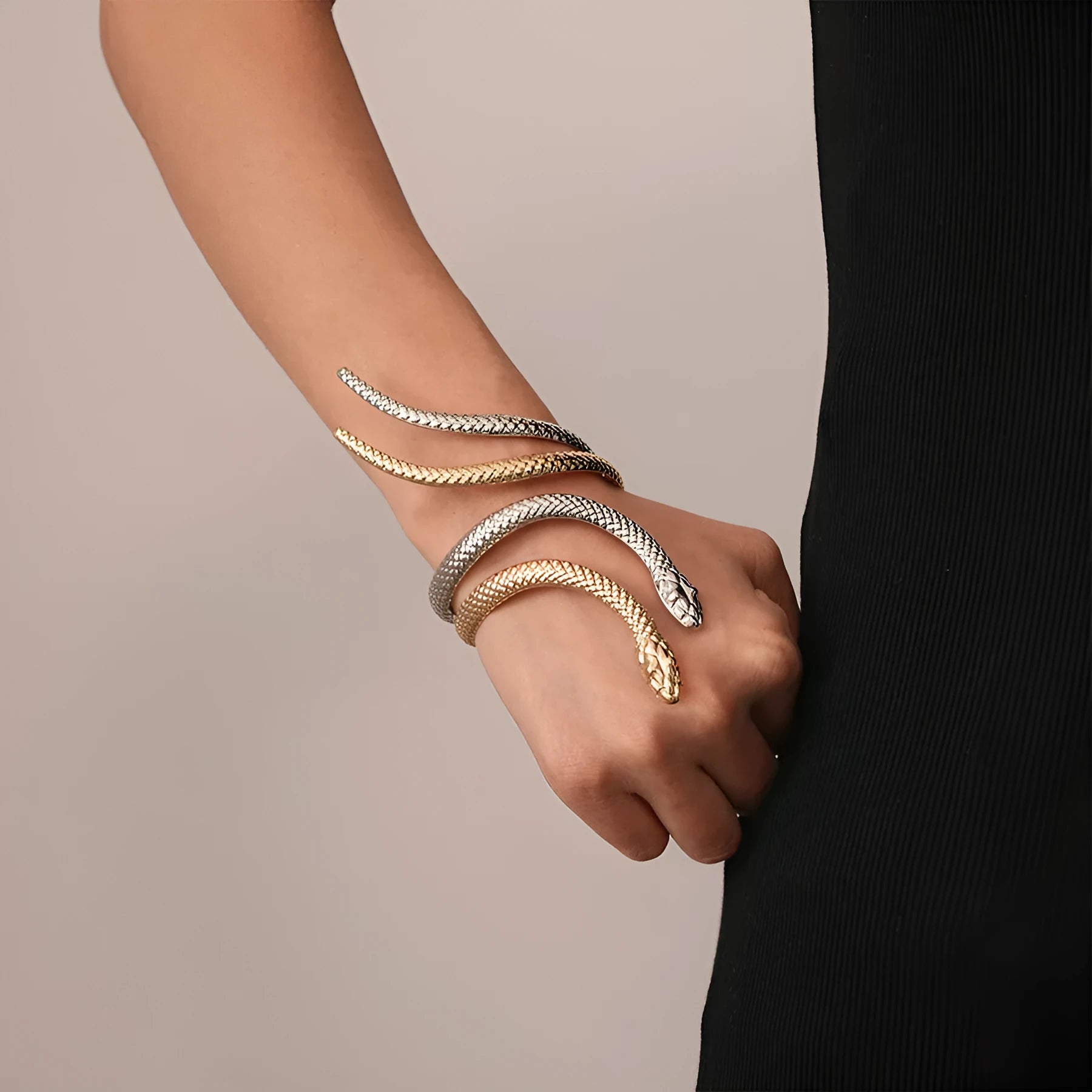Gold electroplated metal exaggerated twisted winding snake ring and bracelet jewellery set