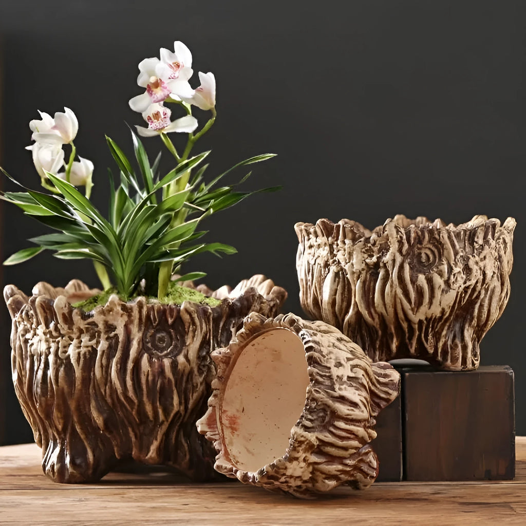 Ceramic wood-shaped tree root flower pot with green plant, large size, pastoral style for home gardening