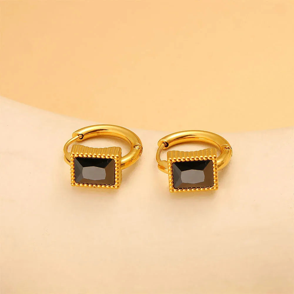 Square zircon geometric stainless steel earrings in white, black, or green colour on a white background.