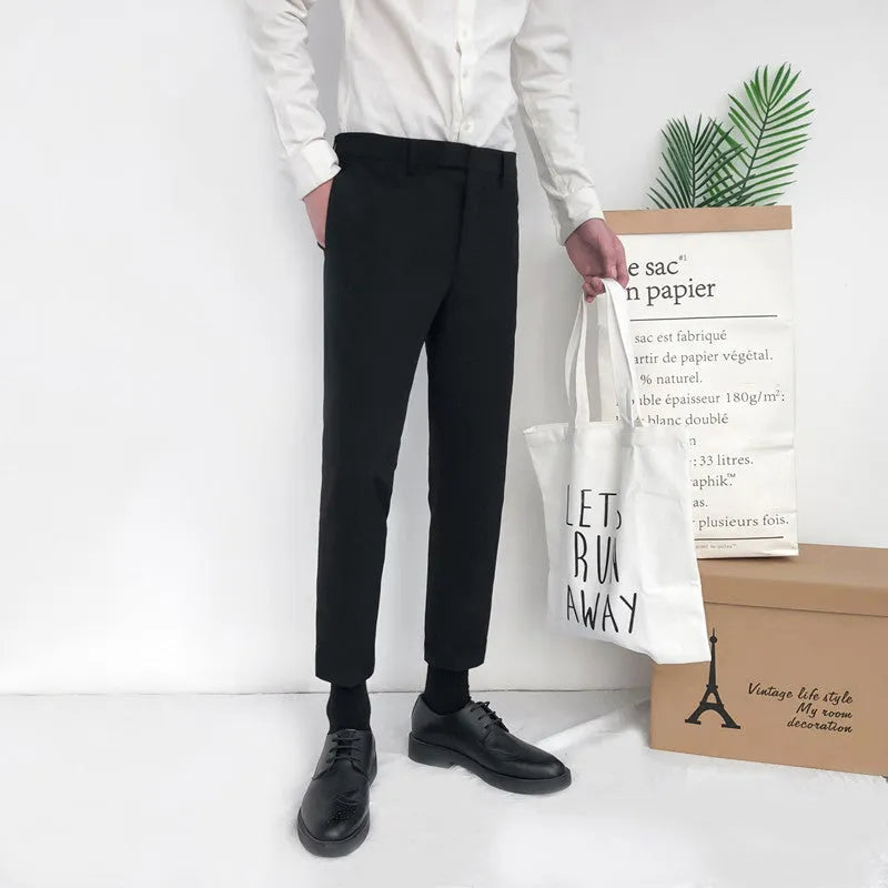 Men's slim straight-leg cotton trousers with drawstring waist in black, grey, or khaki colours