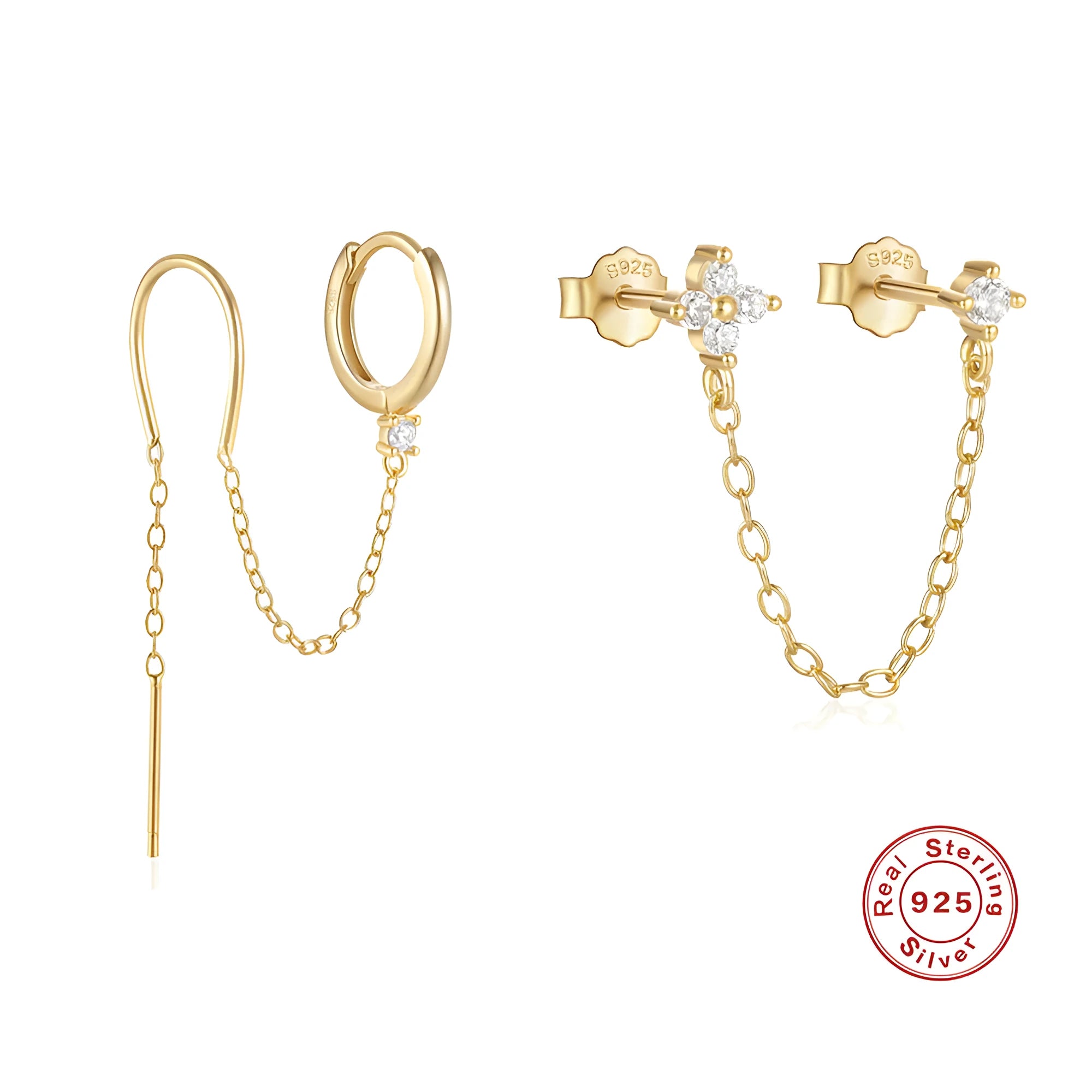 S925 sterling silver geometric ear clip studs with flower and chain design in golden electroplate.
