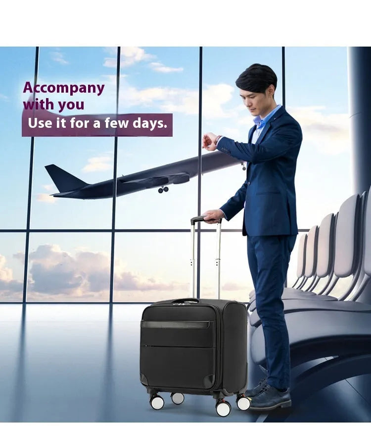 Black 18-inch oxford cloth business luggage suitcase with a retractable handle and wheels.