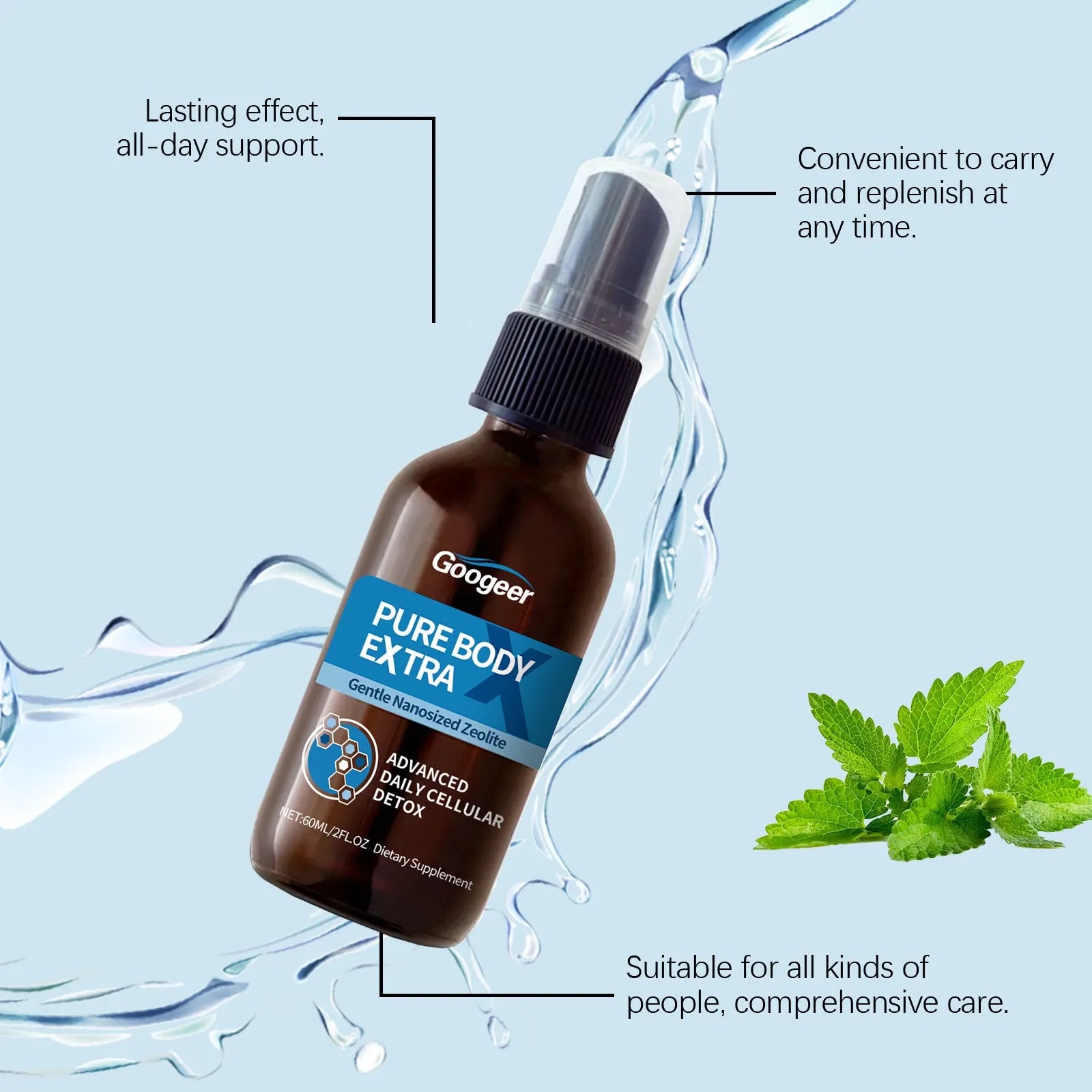 Googeer 60ml oral spray body treatment bottle with fine mist nozzle