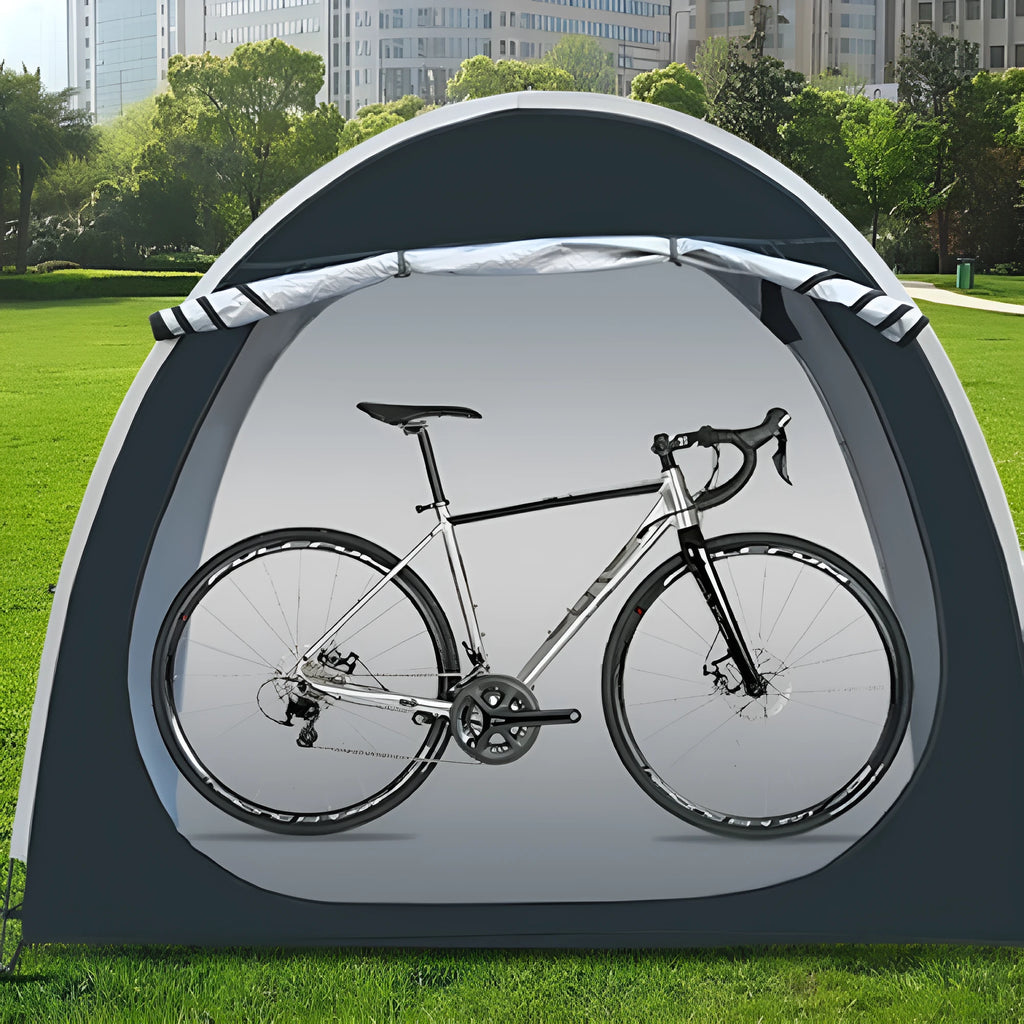 Black outdoor bicycle storage tent showing roof design and dimensions for two bikes