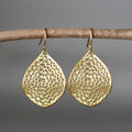 Gold tone retro leaf hollow pendant drop earrings with floral cut-out design