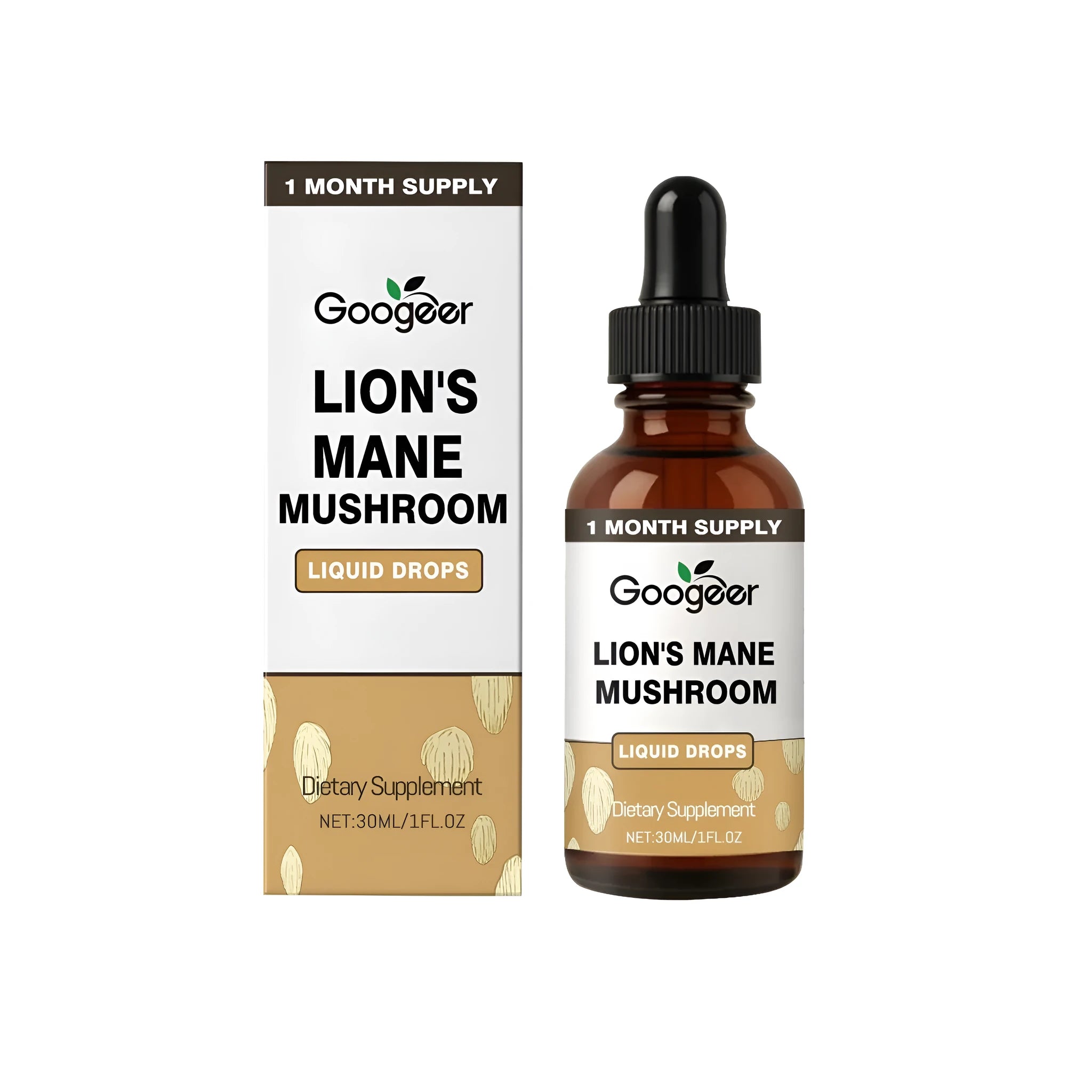 30ml glass bottle of Lions Mane Mushroom liquid drops with a glass dropper.