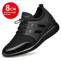 Men's black genuine leather casual shoes with an internal 8cm height-increasing chunky heel.