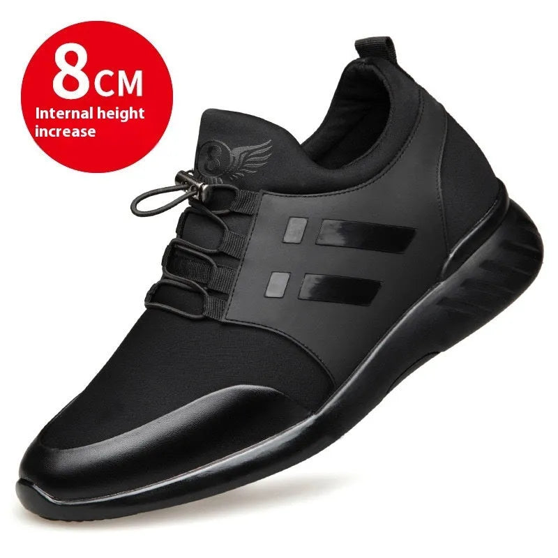 Men's black genuine leather casual shoes with an internal 8cm height-increasing chunky heel.