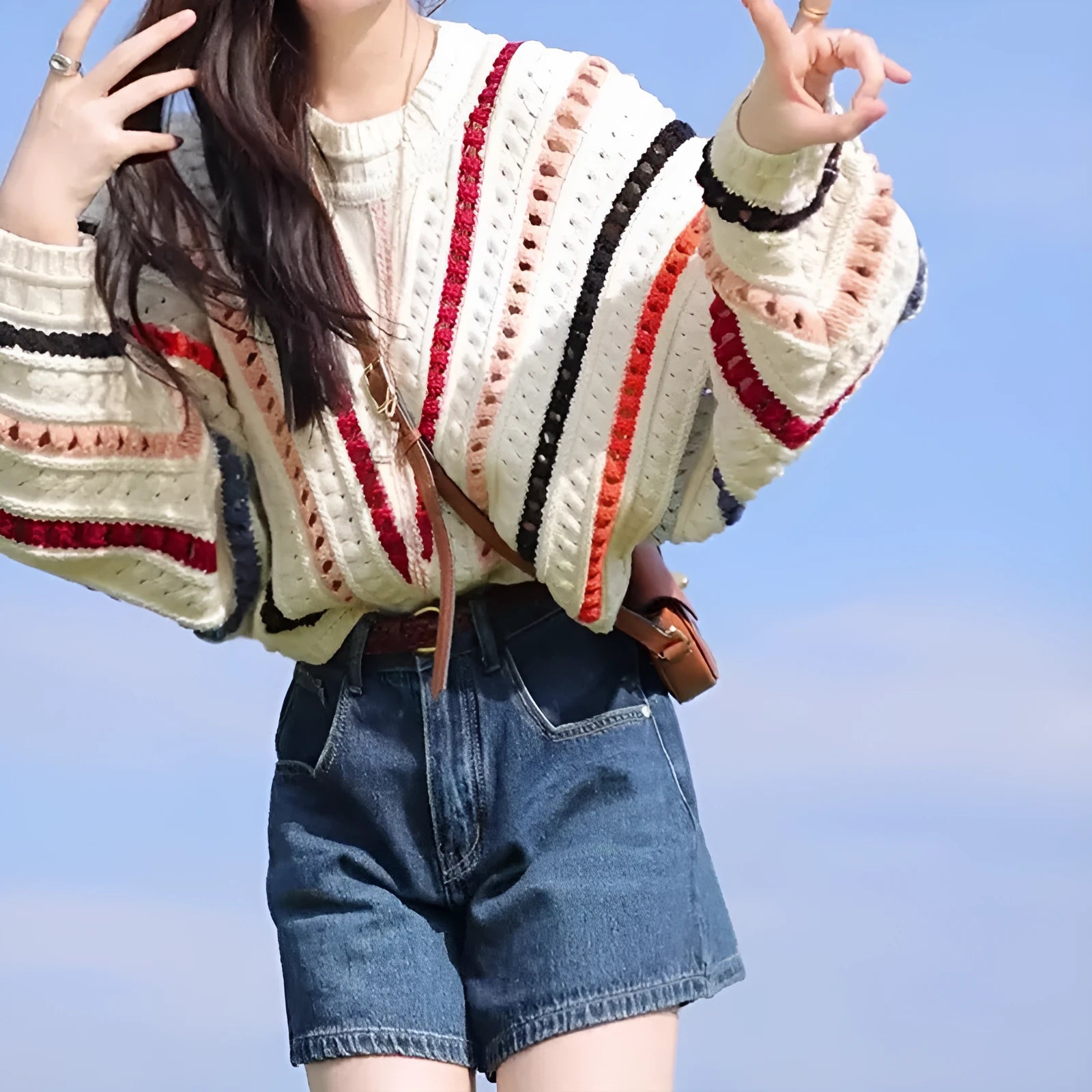 Rainbow striped loose fit sweater with batwing sleeves in round neck pullover style