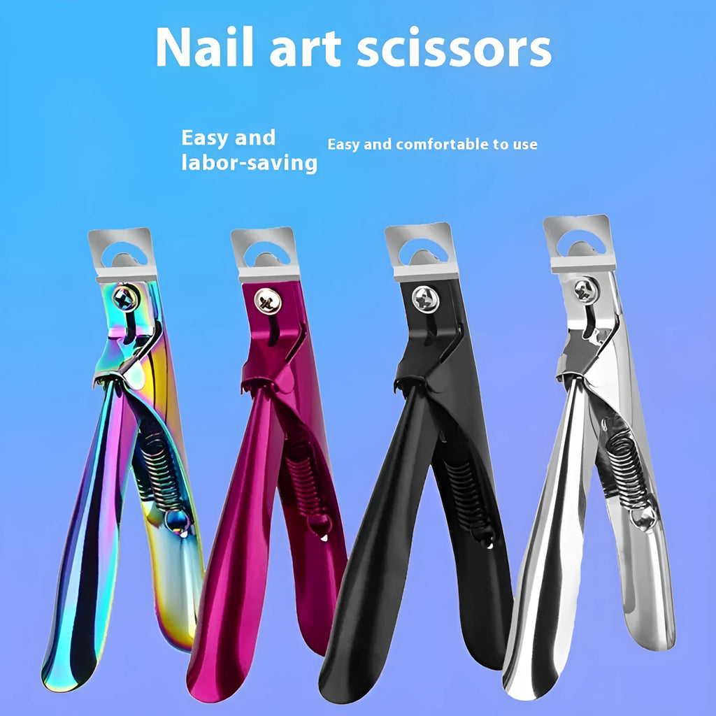 French U-shaped nail art scissors with stainless steel construction showing three colour options