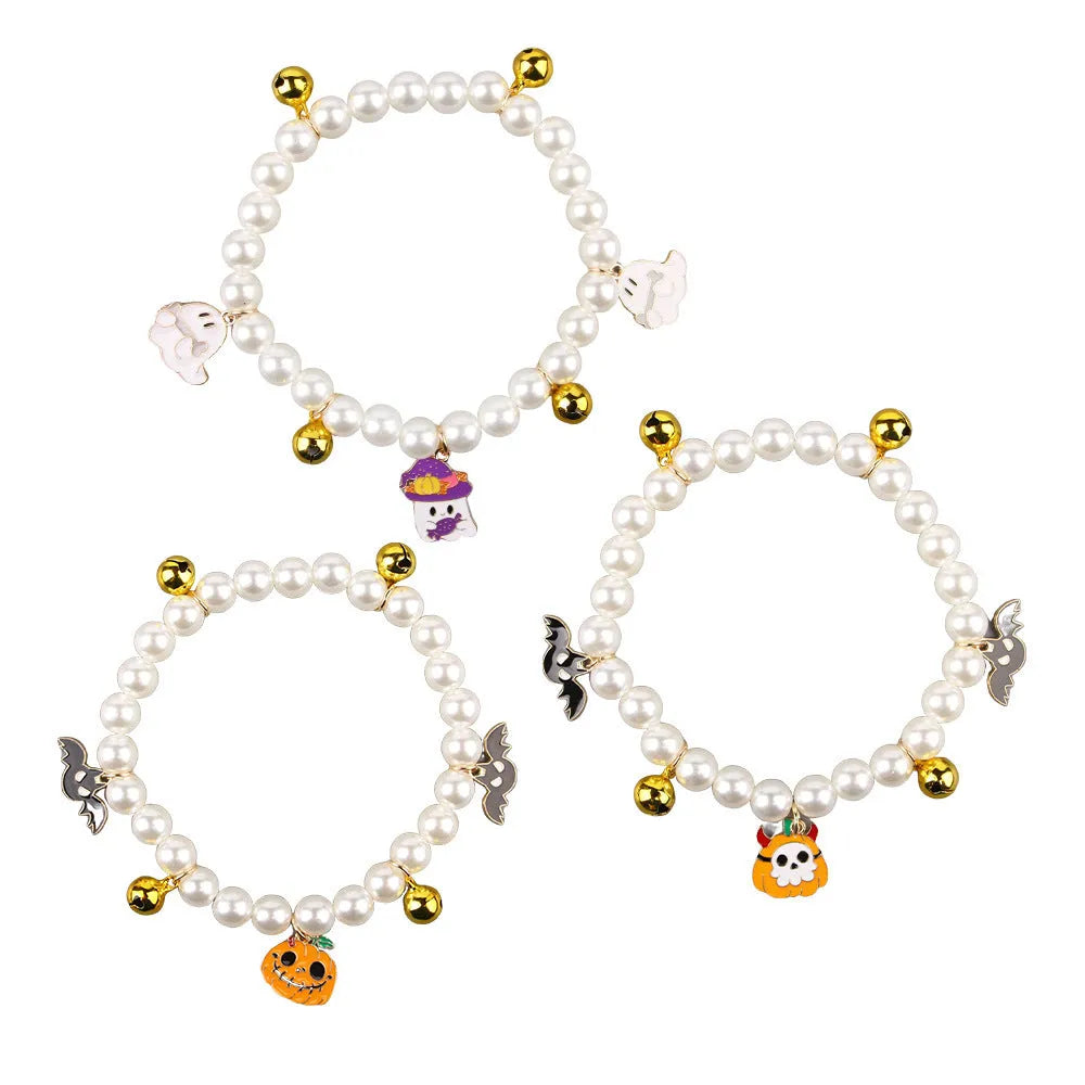 Halloween pet collar decoration with simulated pearl necklace design in purple ghost pumpkin pattern