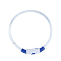 USB rechargeable LED dog collar showing blue illuminated light and adjustable 70cm TPU strap