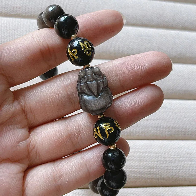 Natural silver stone men's bracelet with beaded design and Chinese style six-word proverbs