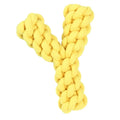Blue Y-shaped cotton rope dog chew toy for large breeds on a wooden floor.