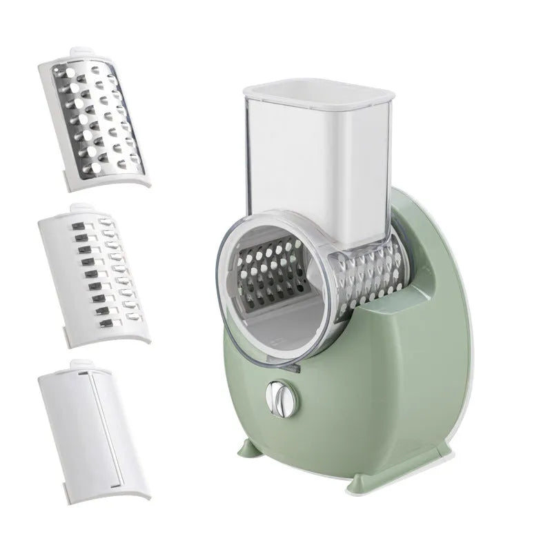 White electric vegetable slicer with rotary blade system and suction base for kitchen food preparation