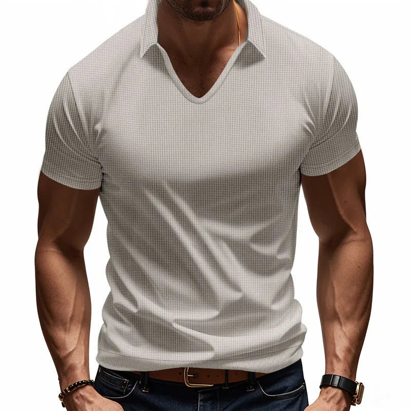 Men's casual V-neck short sleeve shirt in loose fit cotton blend fabric