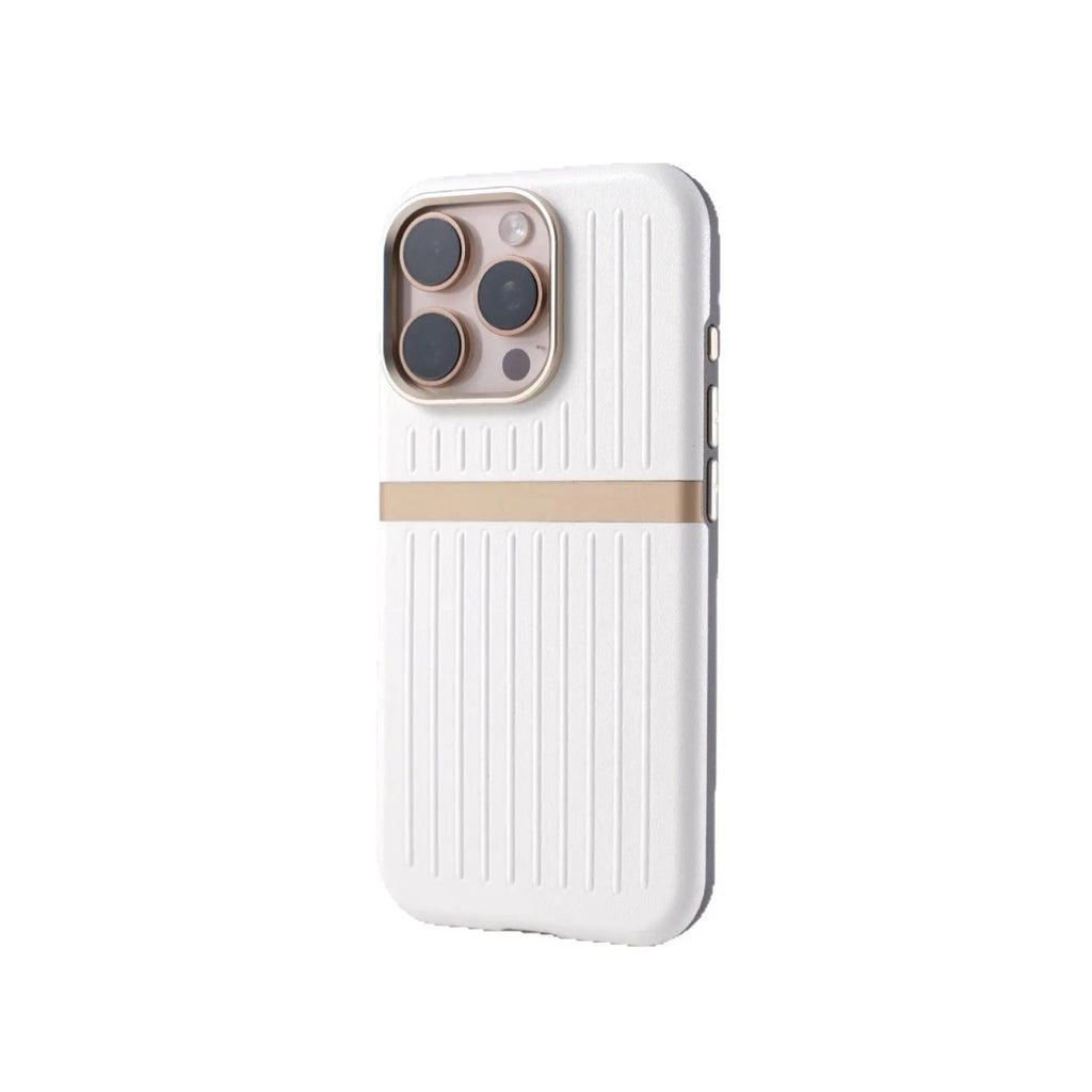 Corrugated magnetic phone case in black with frosted imitation leather finish for IPhone 15.