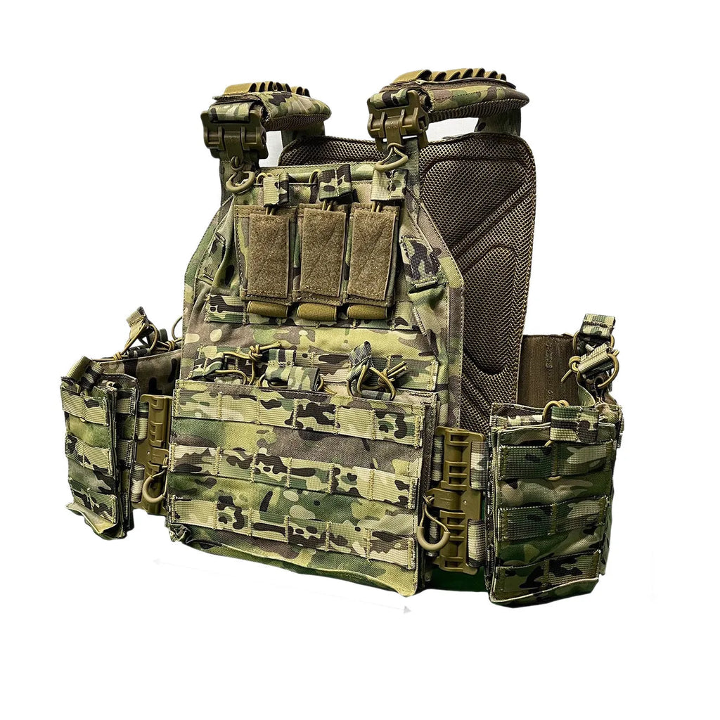 Solid colour Oxford cloth tactical vest in army green shown front view for outdoor use