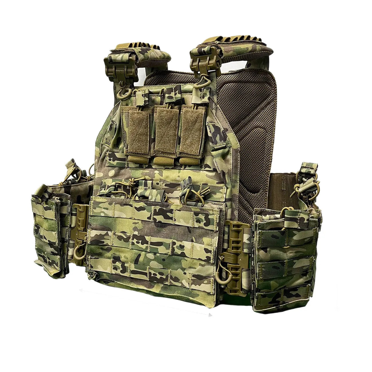 Solid colour Oxford cloth tactical vest in army green shown front view for outdoor use