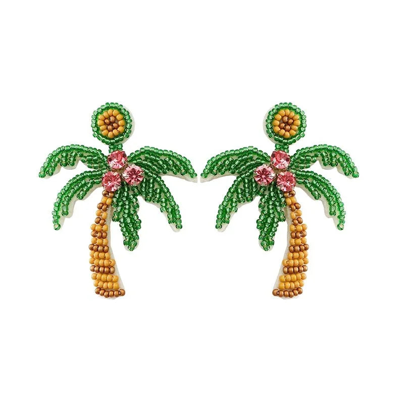 Green bohemian handmade beaded fruit shape ring earrings with glass and coloured glaze beads for women