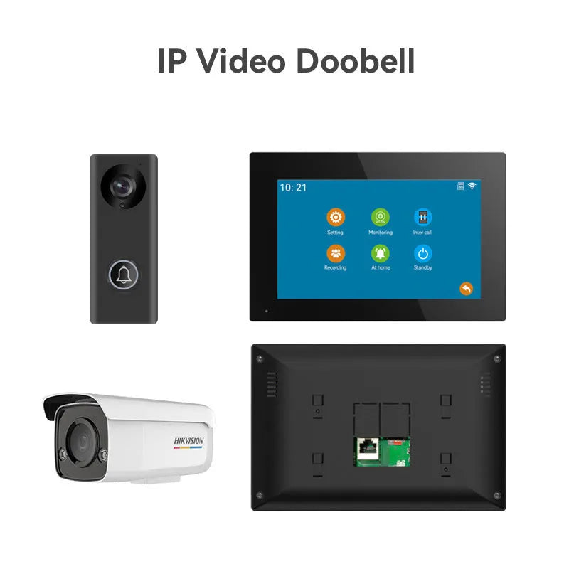 1080P wireless video intercom doorbell system with outdoor camera and indoor monitor on a 10-inch display.