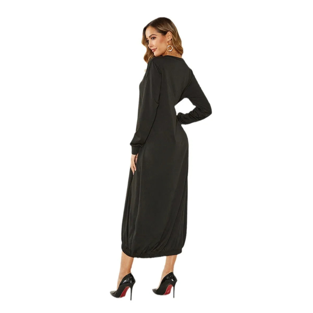 Women's loose black lantern dress with lace-up crew neck and long sleeves.