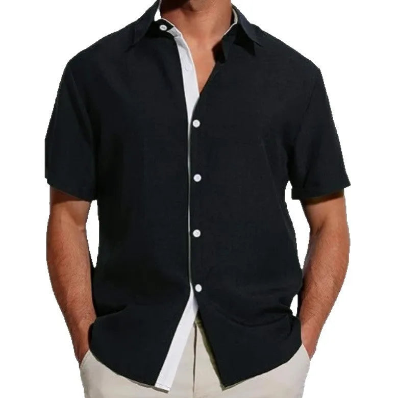 Men's grey floral print short-sleeved shirt laid flat, showing regular fit and cardigan style.