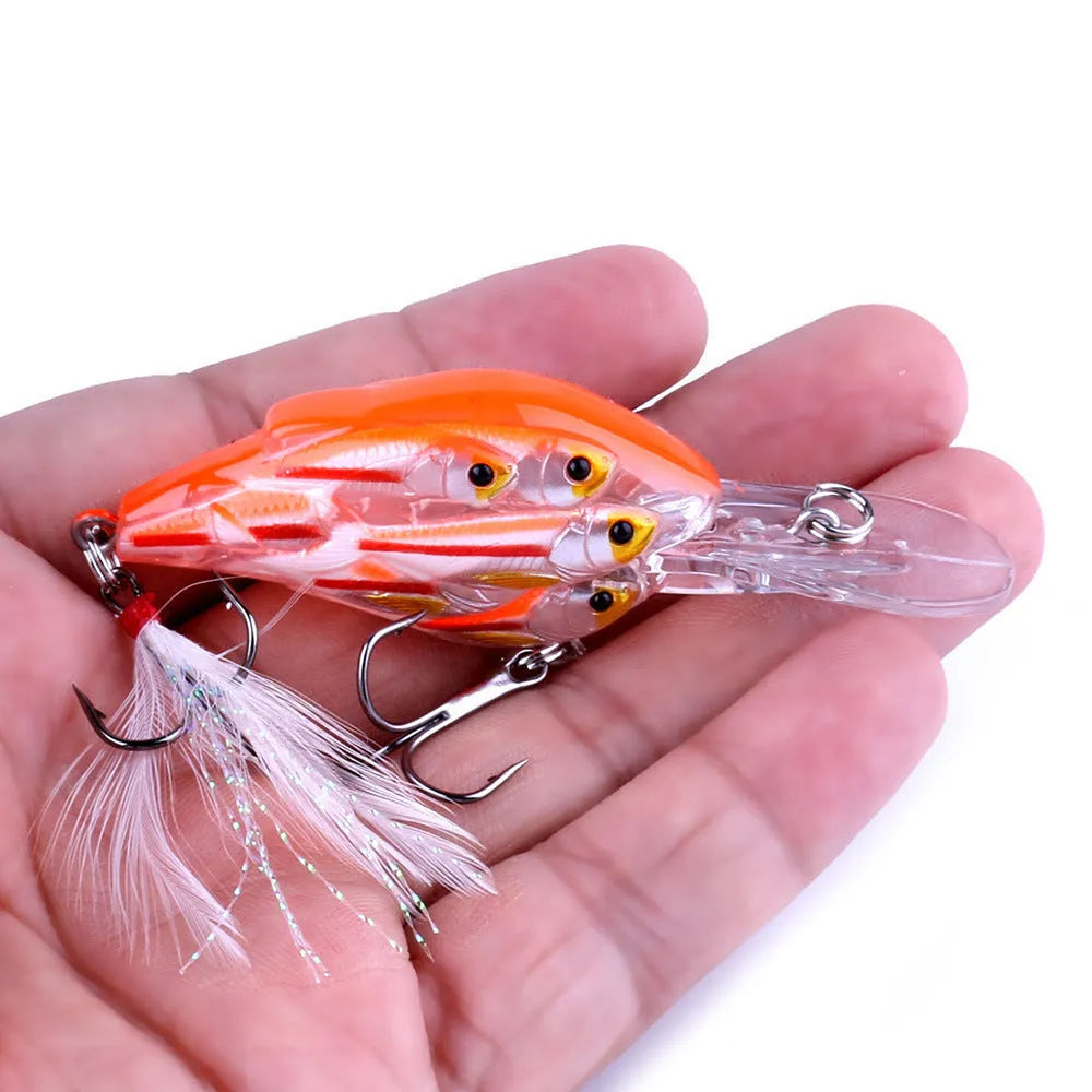 Set of nine multi-colour ABS plastic hard bait fishing lures with feather hooks.
