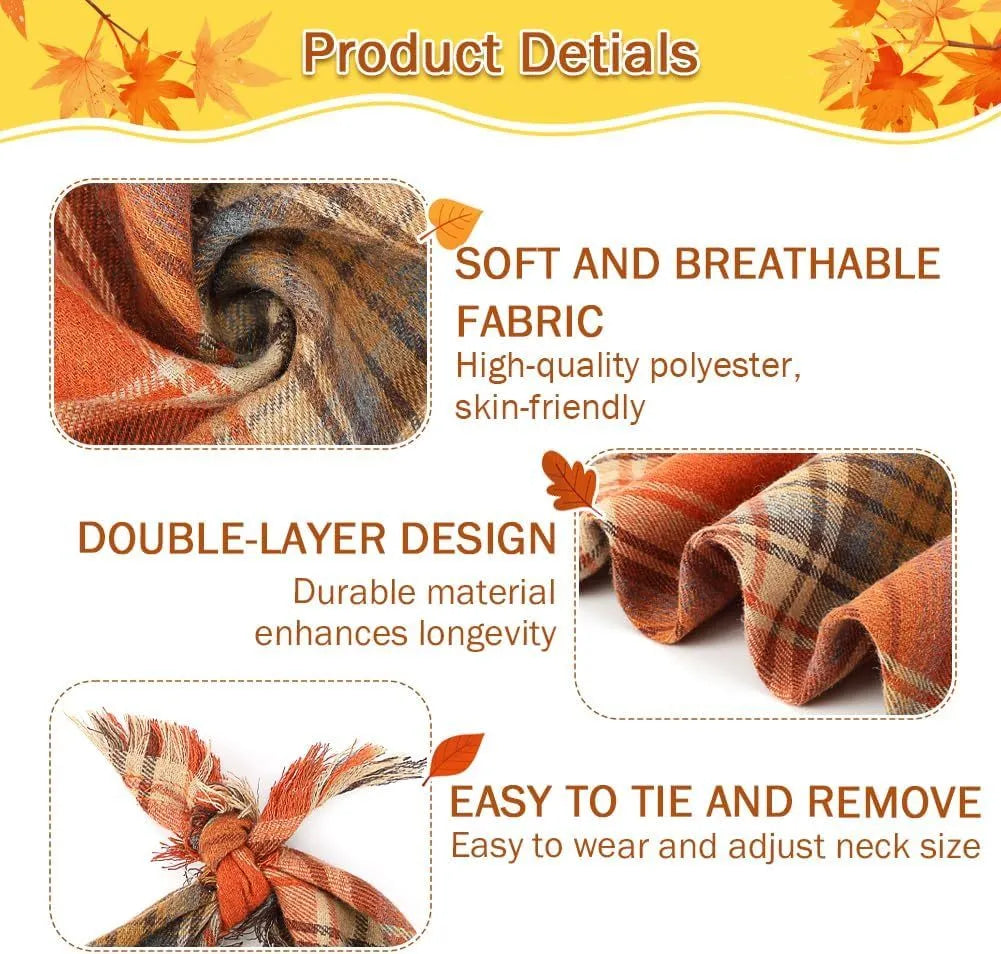 Plaid triangle dog bandana with tassel edges in autumn colours like brown, green, and orange.