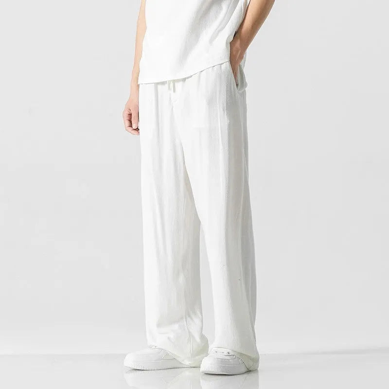 Men's loose straight-leg linen trousers in bamboo fibre fabric with drawstring waist