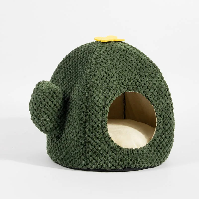 Green cactus-shaped enclosed pet bed cave for cats and small dogs