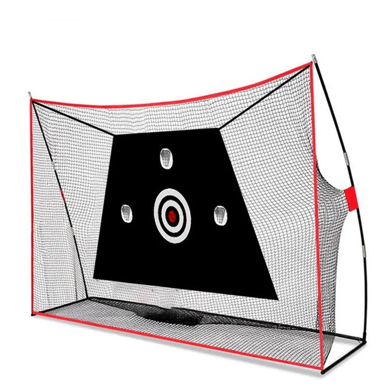 Golf swing wedge training net with 3-hole design, straw mat, and practice balls