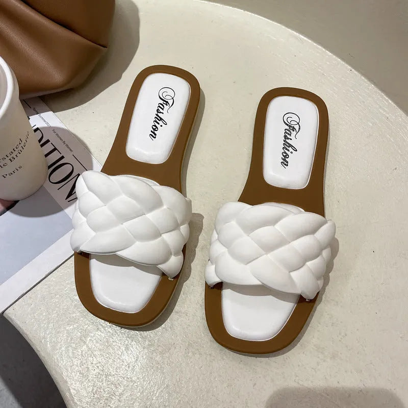 Women's anti-skid beach sandals in plaid pattern available in white, green, black and orange colours