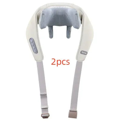 Beige neck massager with six massage nodes and hot compress function on a chair