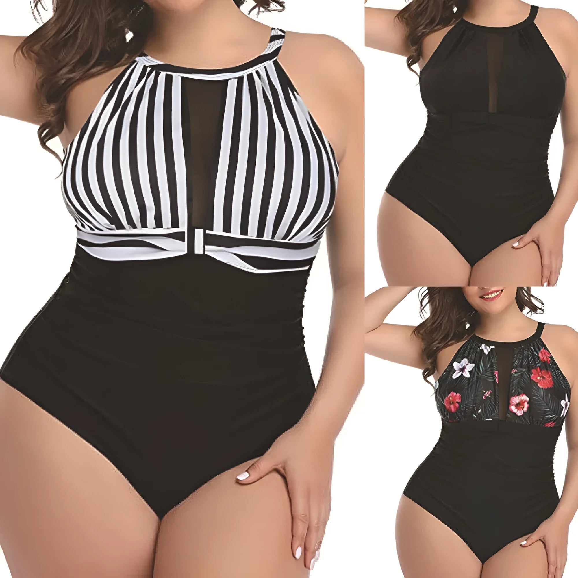 Women's black lace one-piece swimsuit showing front design, with red flower and stripes pattern options available.