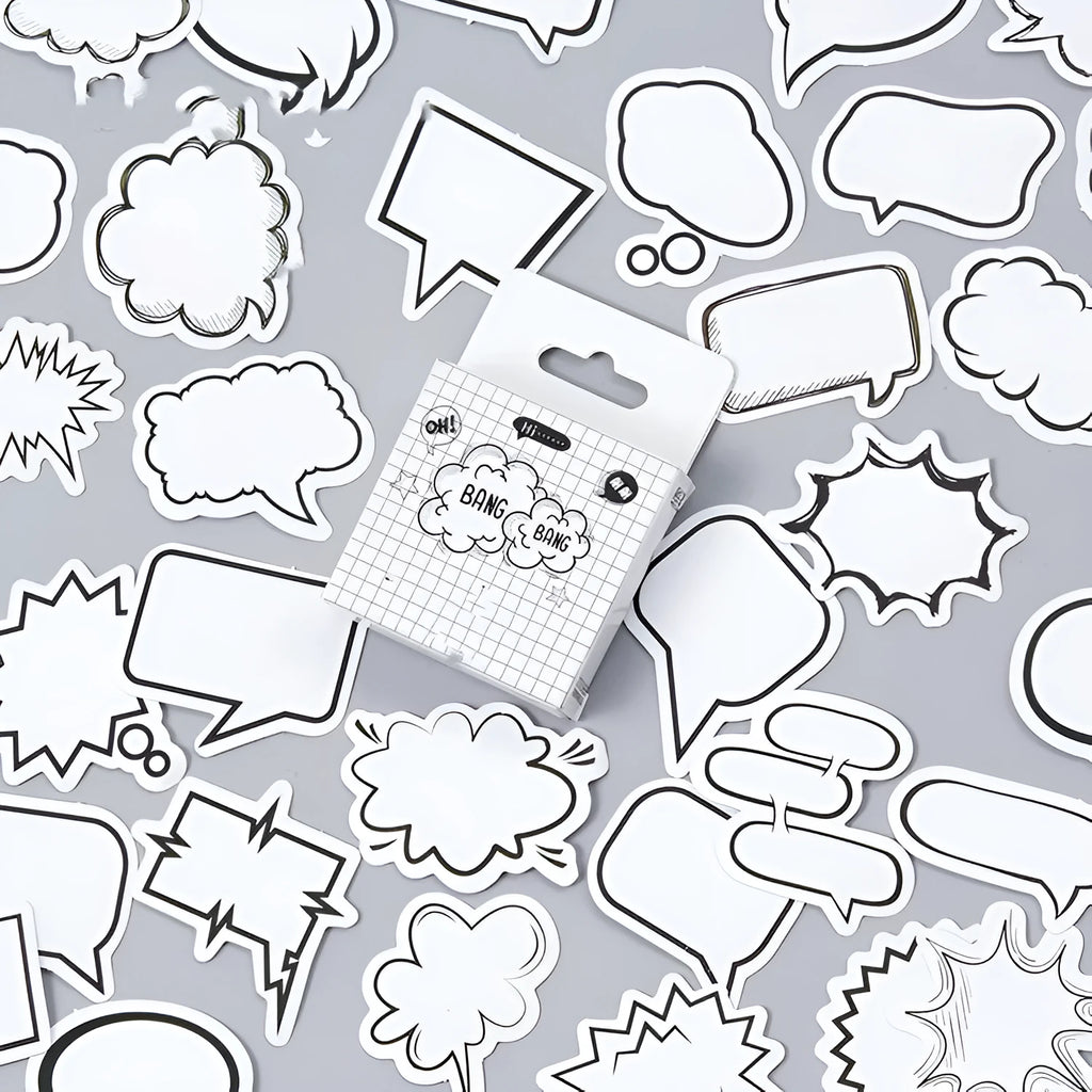 Momo Original boxed stickers featuring hand-drawn account dialog designs in black and white bubble patterns