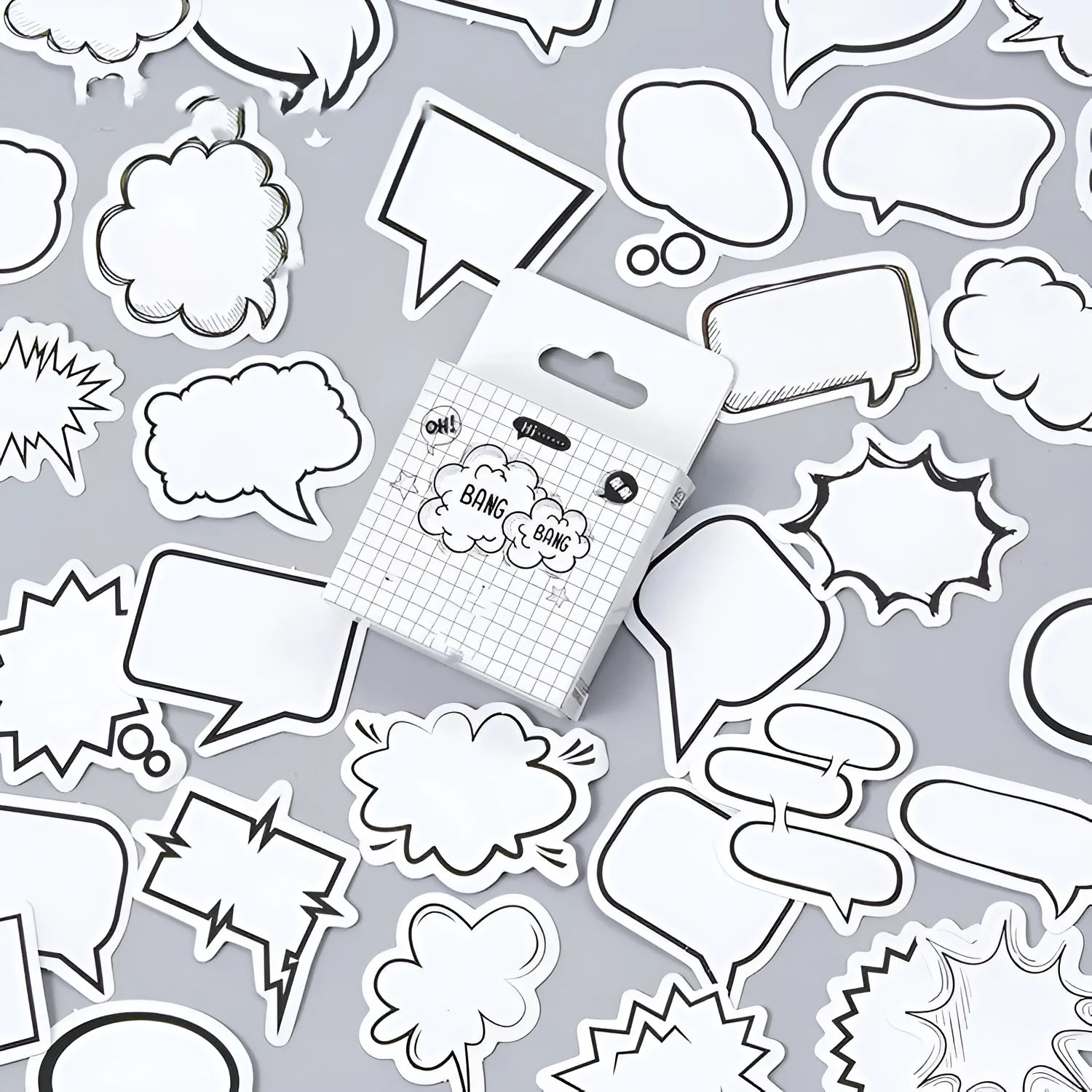 Momo Original boxed stickers featuring hand-drawn account dialog designs in black and white bubble patterns