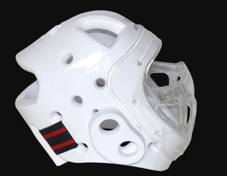 A white, blue, and red karate boxing helmet with chin strap for head protection.