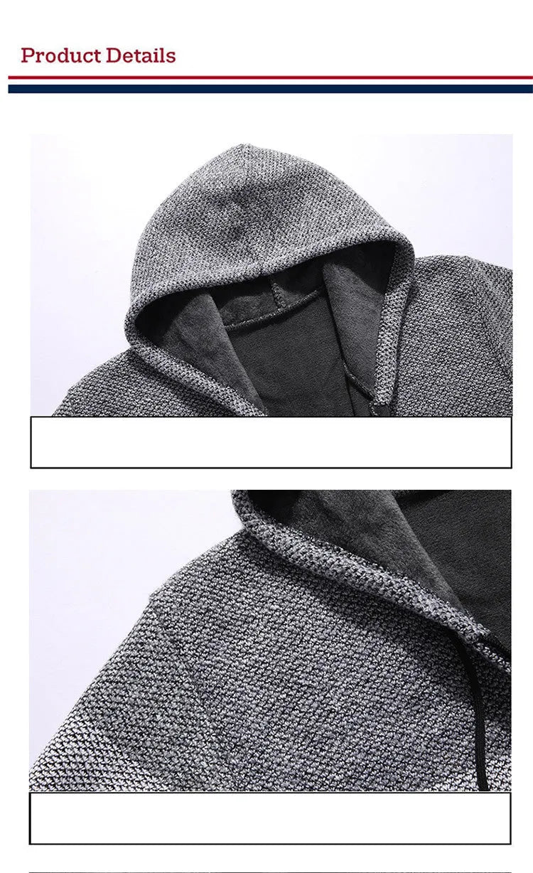 Casual men's hooded plus fleece warm sweater cardigan in colour-block design, front view, on a plain background.