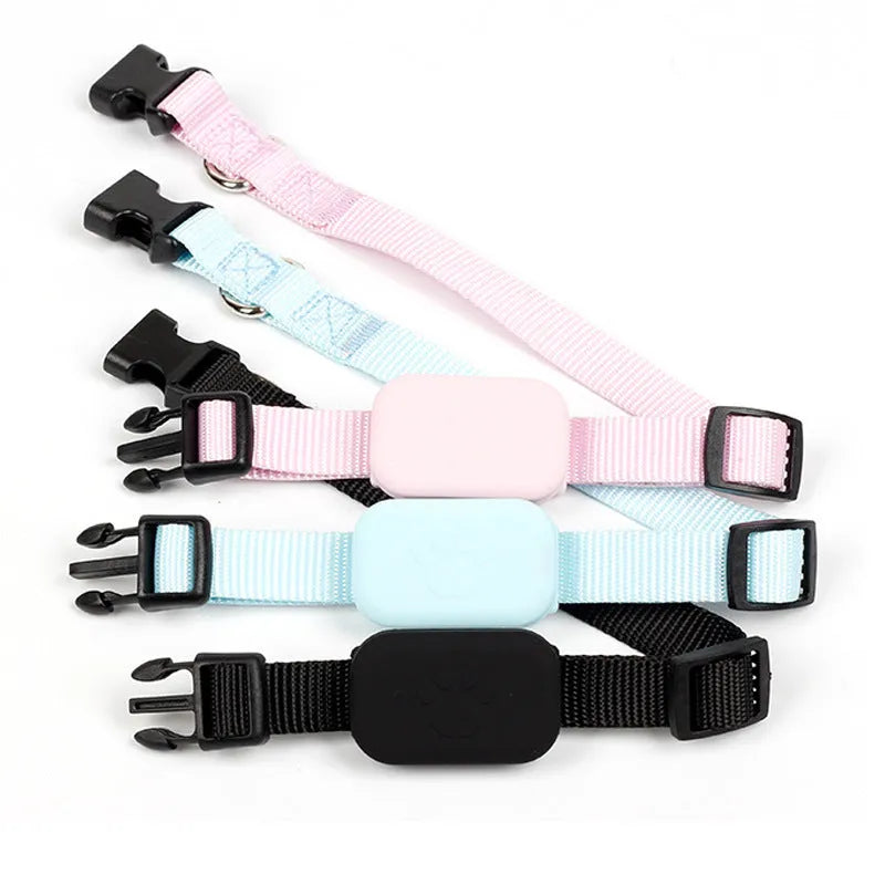Bluetooth pet positioning collar for cats and puppies in black, blue, or pink with adjustable 28-39cm sizing