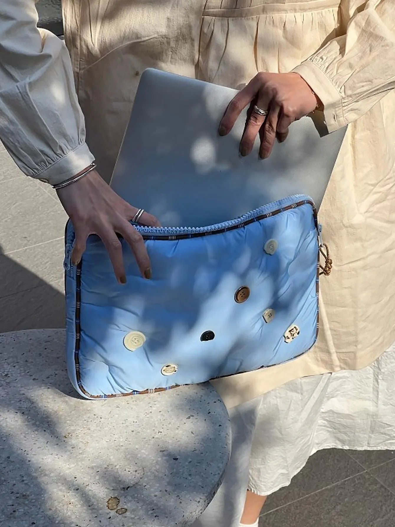 Plaid pattern nylon laptop protective case showing blue colour variant for 13.3-14 inch computers