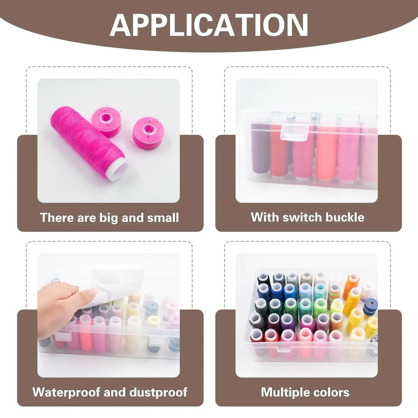 Transparent plastic box with 42 compartments for organising embroidery threads and sewing accessories.