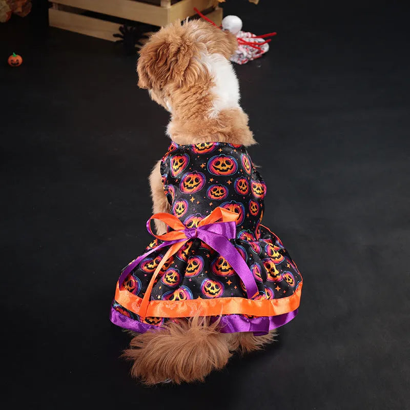 Colourful double-layer Halloween skirt for dogs in pumpkin or skull print.