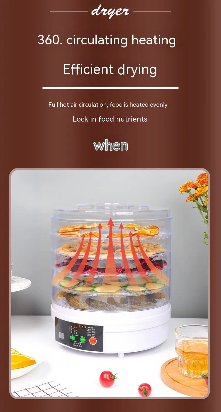 Household fruit dehydrator food dryer with multiple shelf layers and UK plug