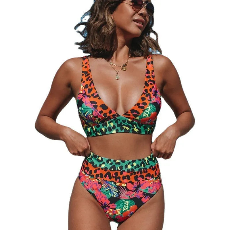 Women's high-waist floral print bikini swimsuit on a white background