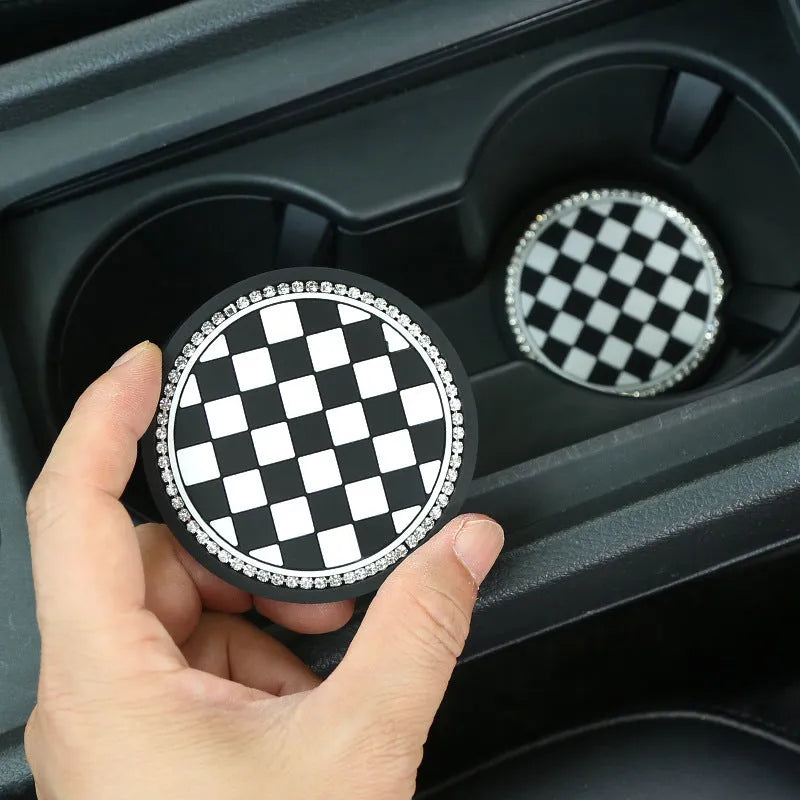 Universal car cup holder mat in PVC plastic with non-slip surface showing four pattern options